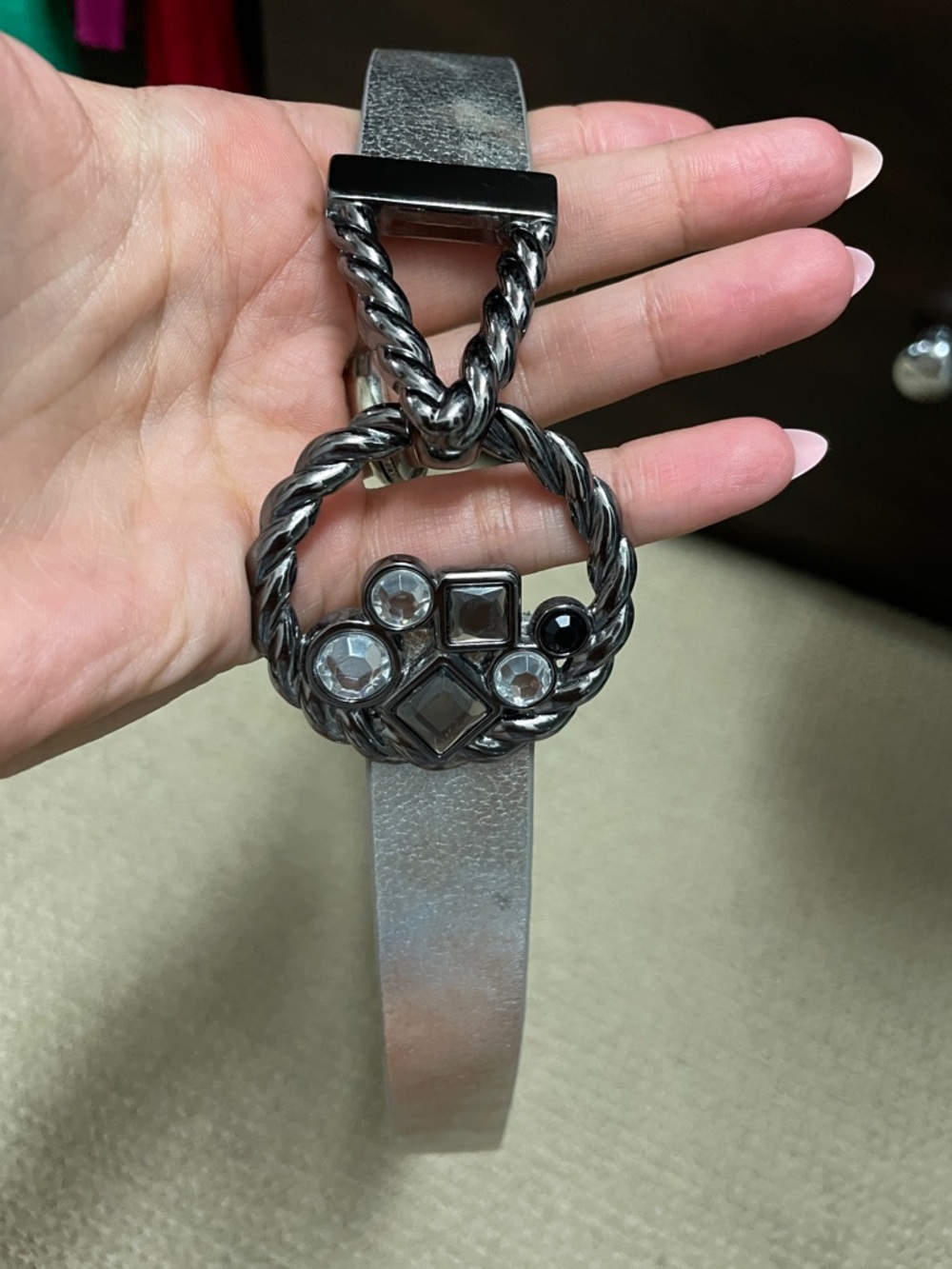 Silver Metallic Belt with Decorative Rope Buckle and Gem Accents
